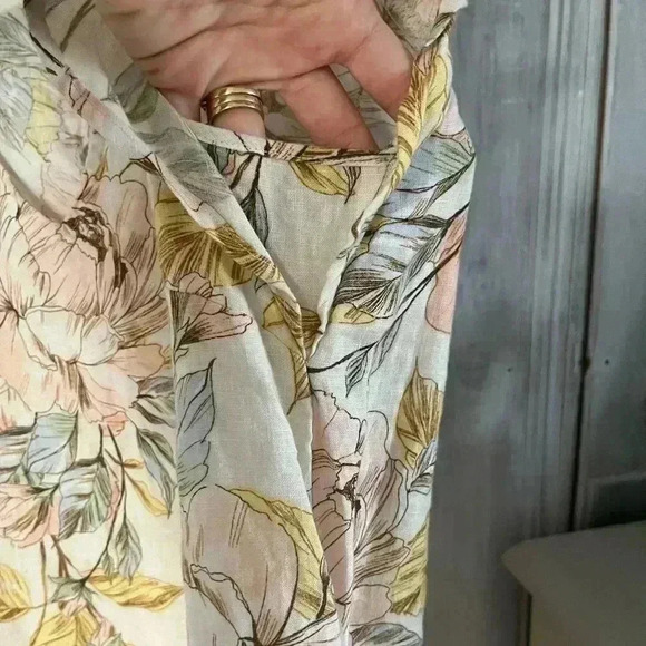 NICOLE MILLER butter yellow petal pink Floral 100% Linen dress flutter sleeve S - Picture 4 of 8